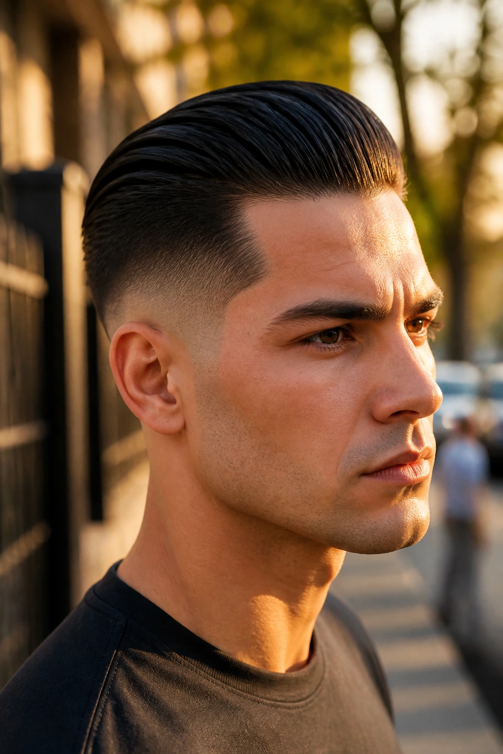 Close-up portrait of a man with a slicked-back top and high taper on city sidewalk