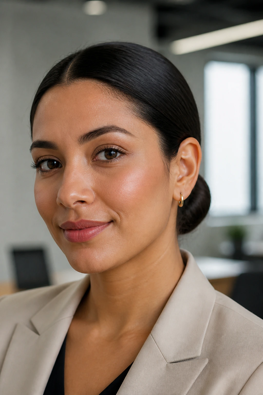 Close-up of real Latina woman with slicked-back low bun in office-like space