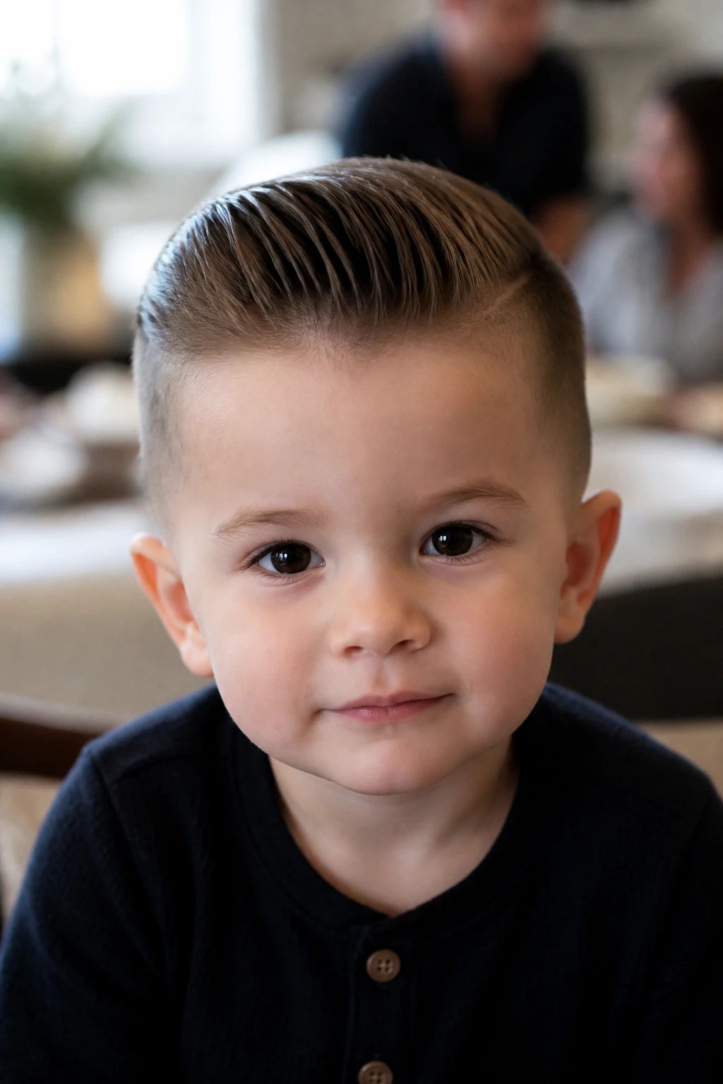 Close-up of toddler with slicked-back pompadour hairstyle