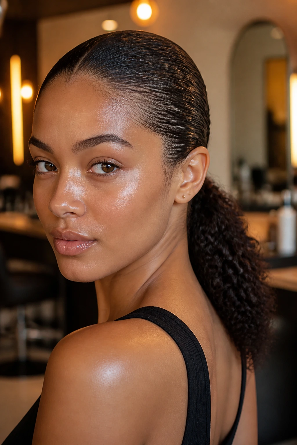 Close-up portrait of a real woman with a glossy slicked-back low ponytail