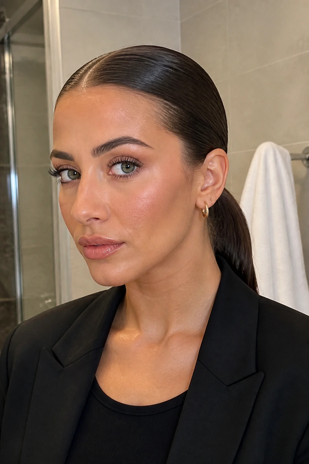Close-up of a real woman with a glossy slicked-back low ponytail