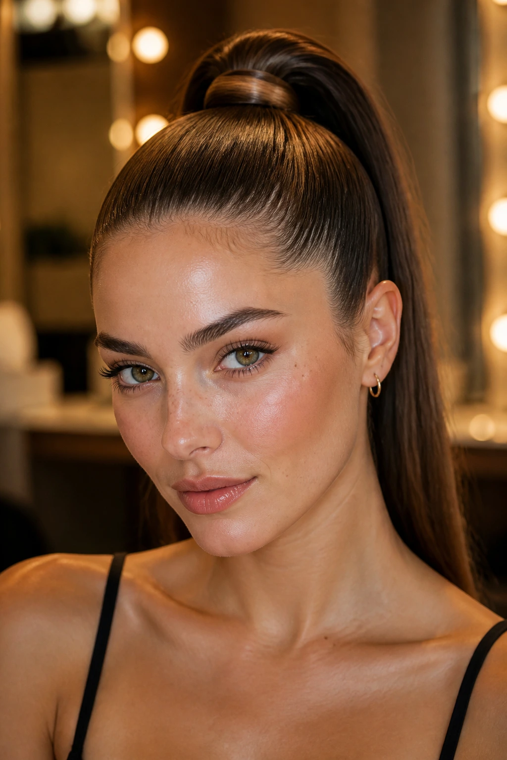 Close-up of real person with sleek high ponytail