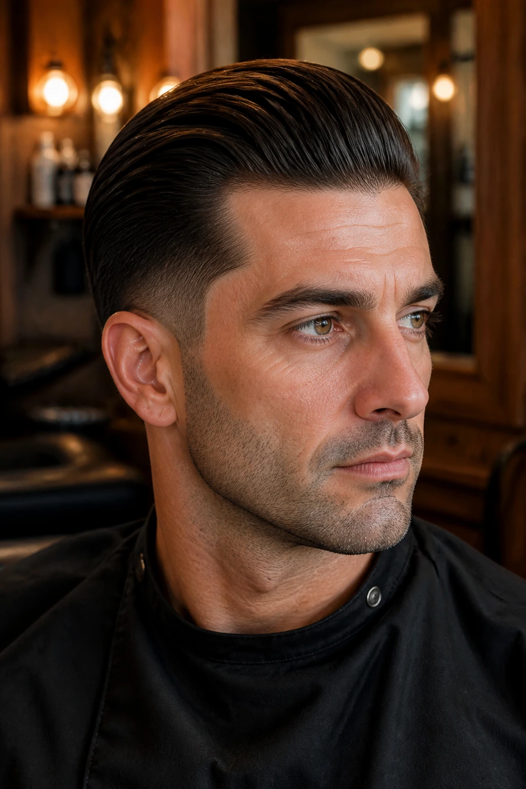 Close-up portrait of a man with a slicked-back taper hairstyle in a warm barbershop setting