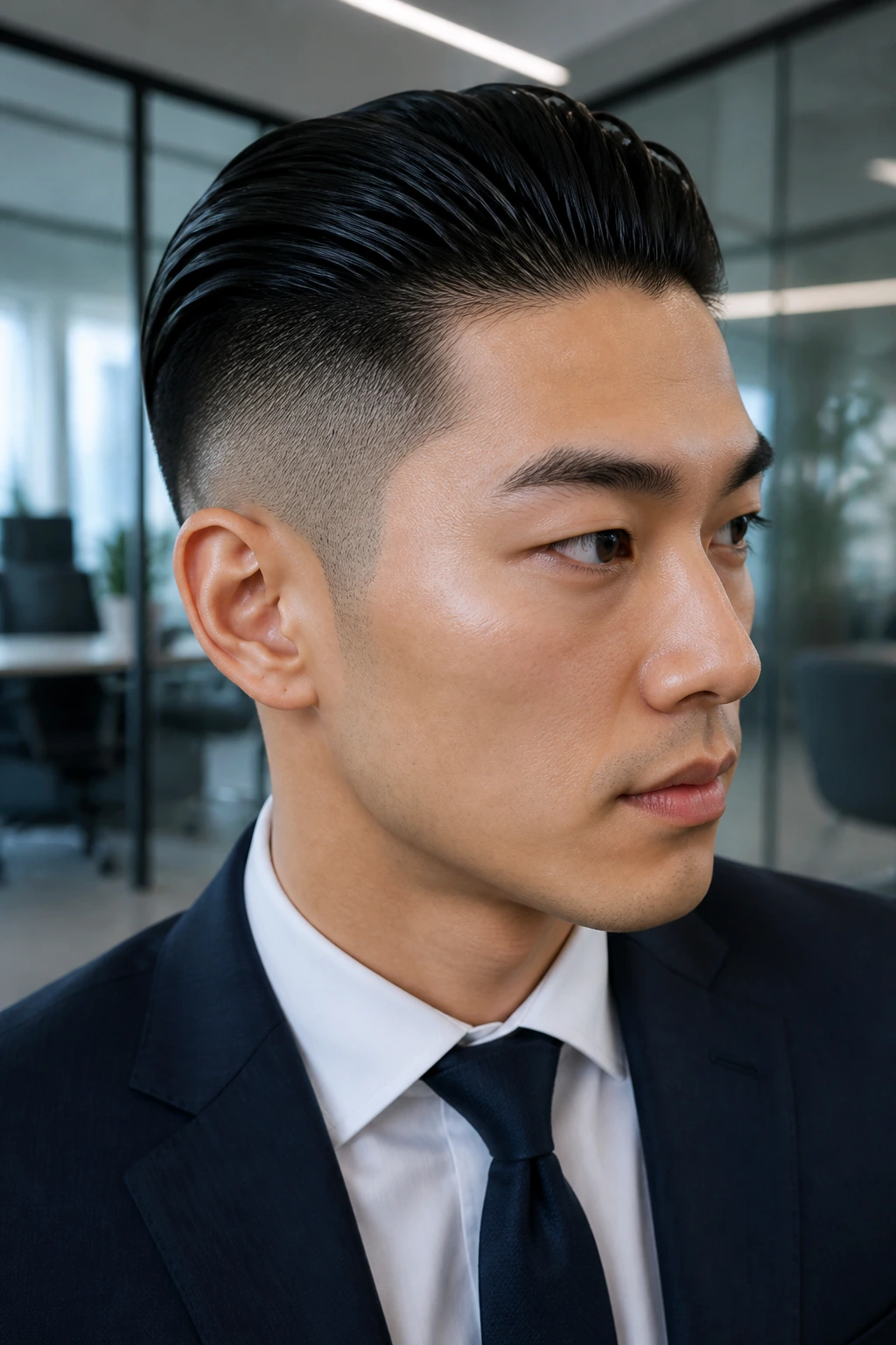 Portrait of a person with a glossy slicked-back undercut.