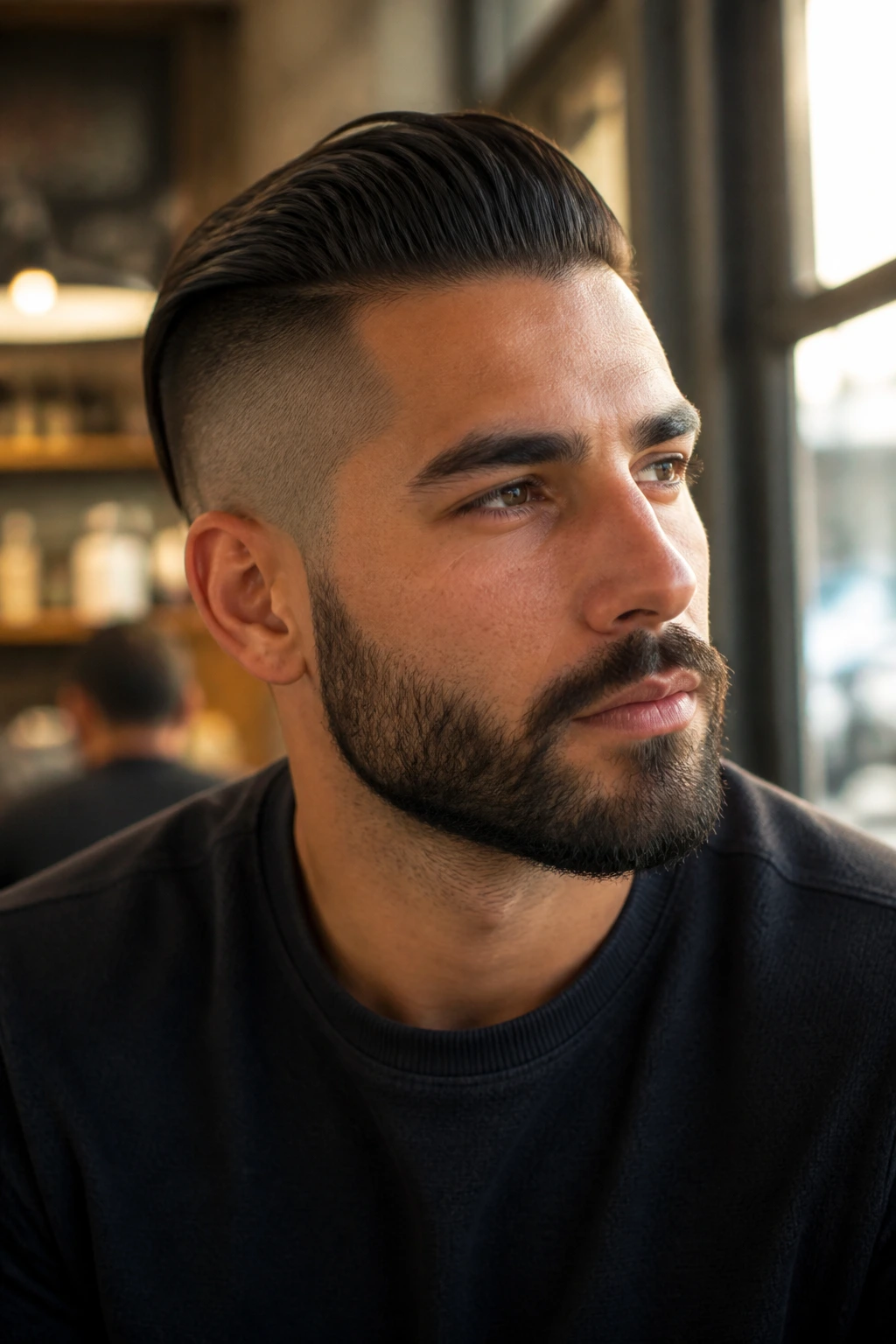 Close-up portrait of man with slicked-back undercut hairstyle