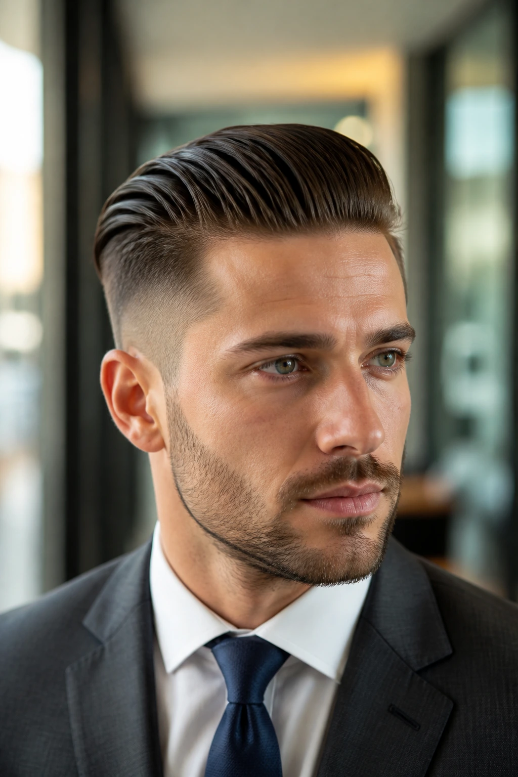 Close-up of a man with a slicked-back undercut in a modern office setting