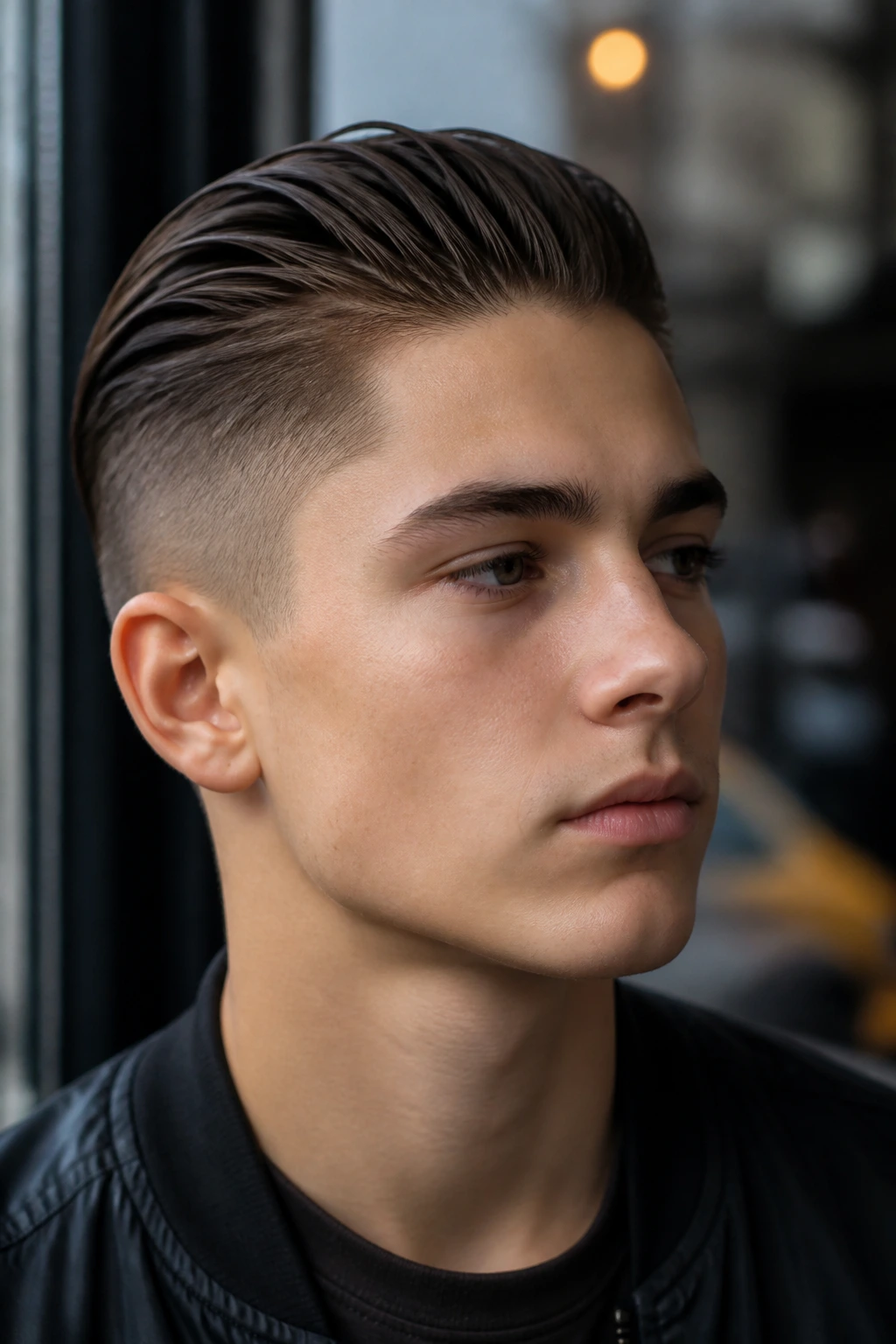 Close-up of a real teen boy with a slicked-back undercut