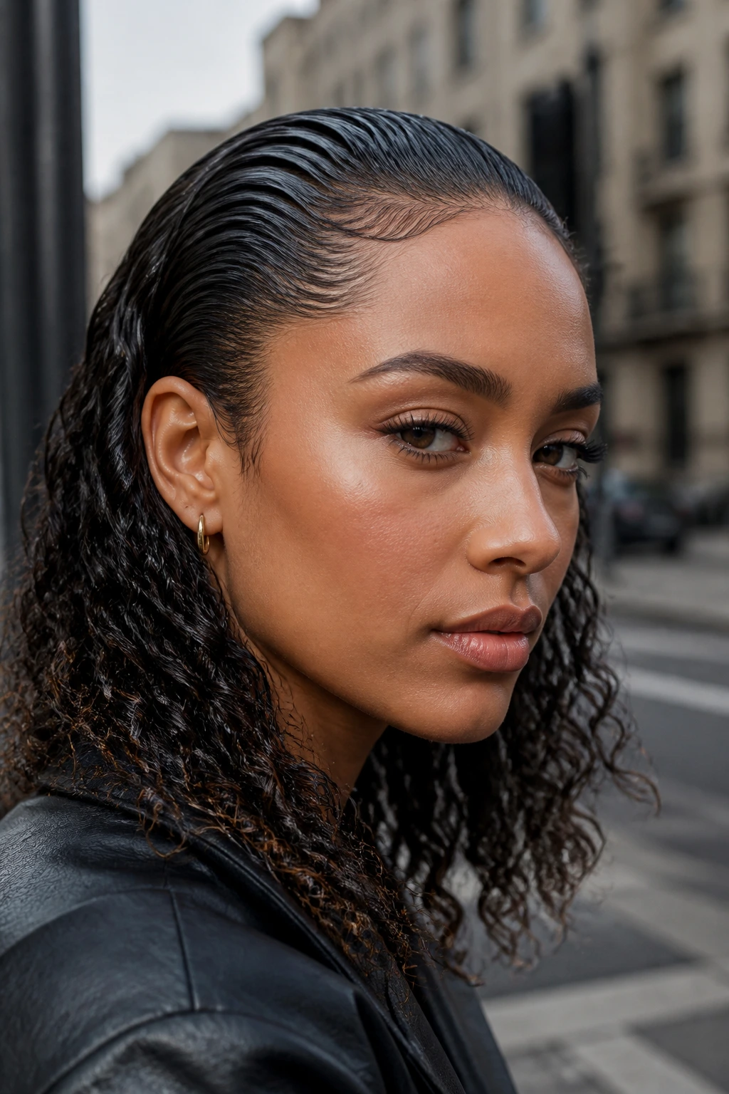 Close-up of a real person with a slicked-back wet look curly hairstyle