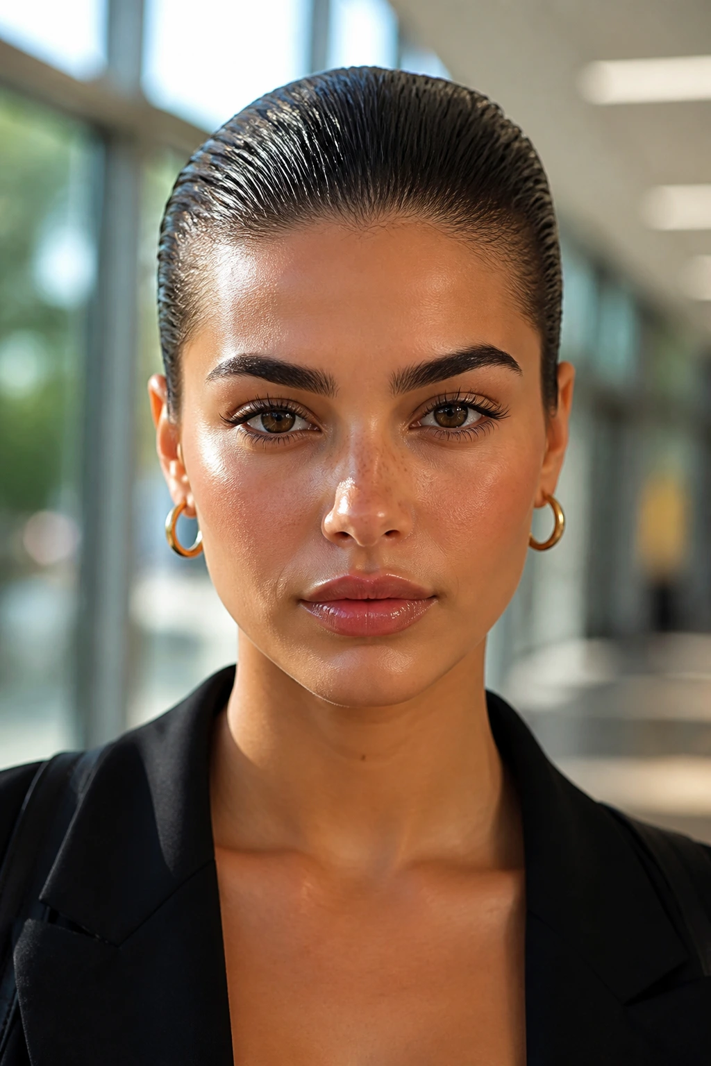 Close-up of person with slicked back wet-look hairstyle