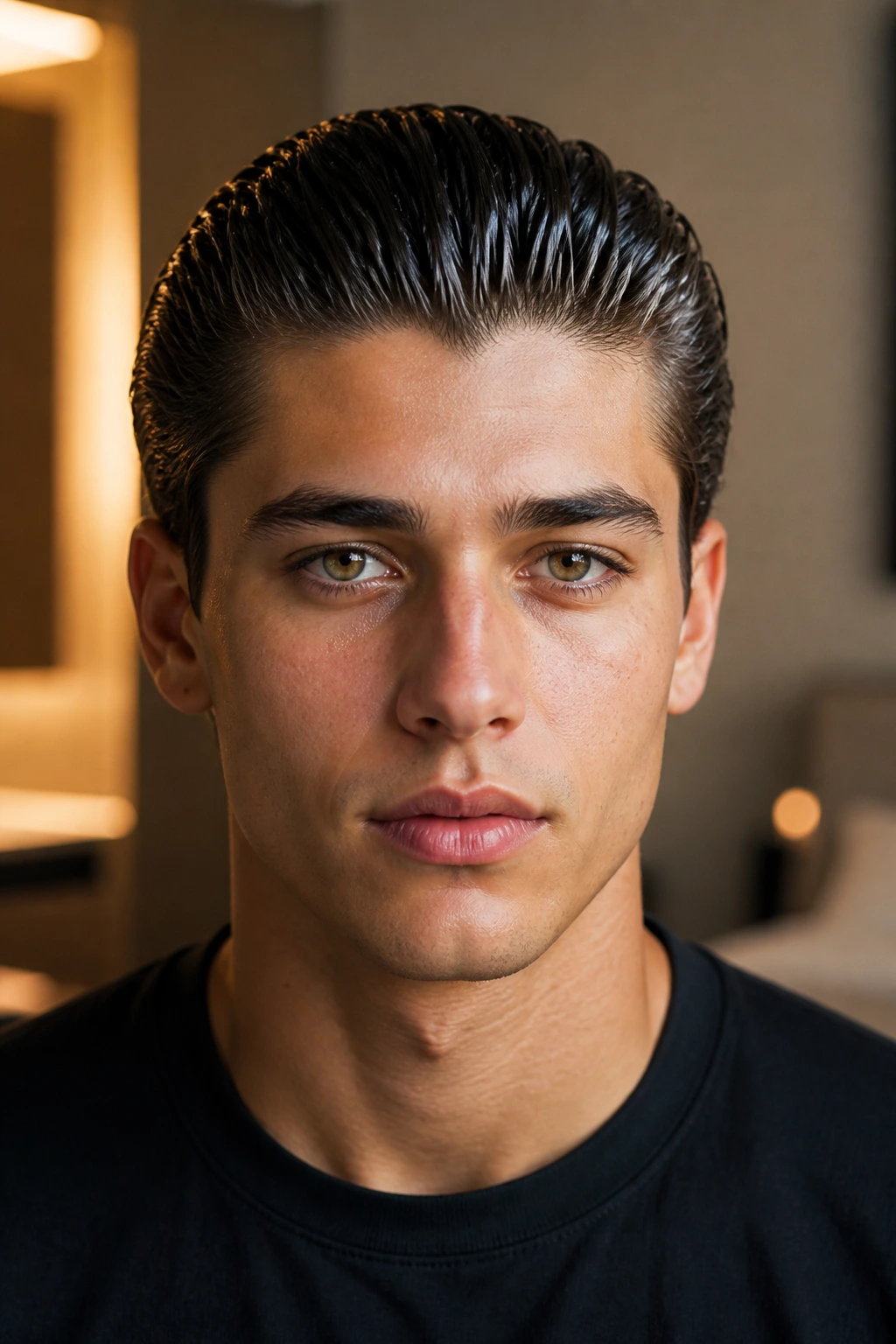 Portrait of a person with slicked-back wet look hair under warm interior light