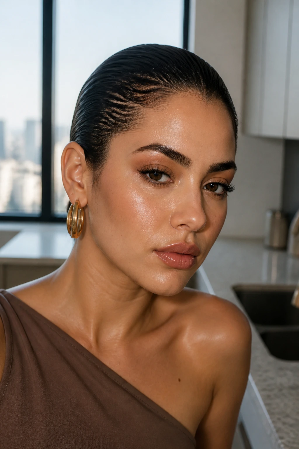 Close-up of a real woman with a glossy wet-look slicked-back hairstyle