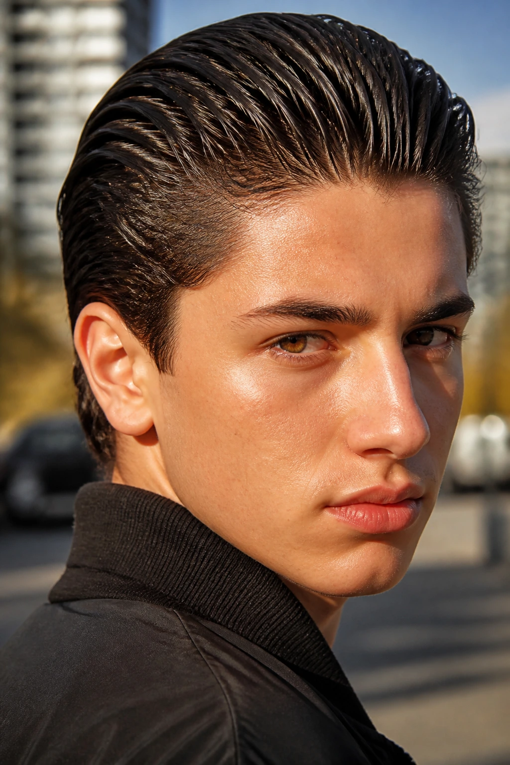Close-up of a real student with a glossy slicked-back wet look