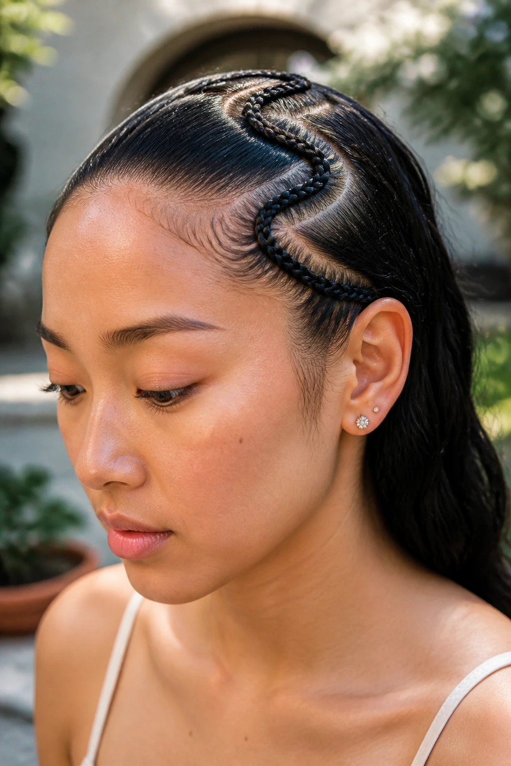 Close-up of a single snake braid tracing an S-pattern across the scalp