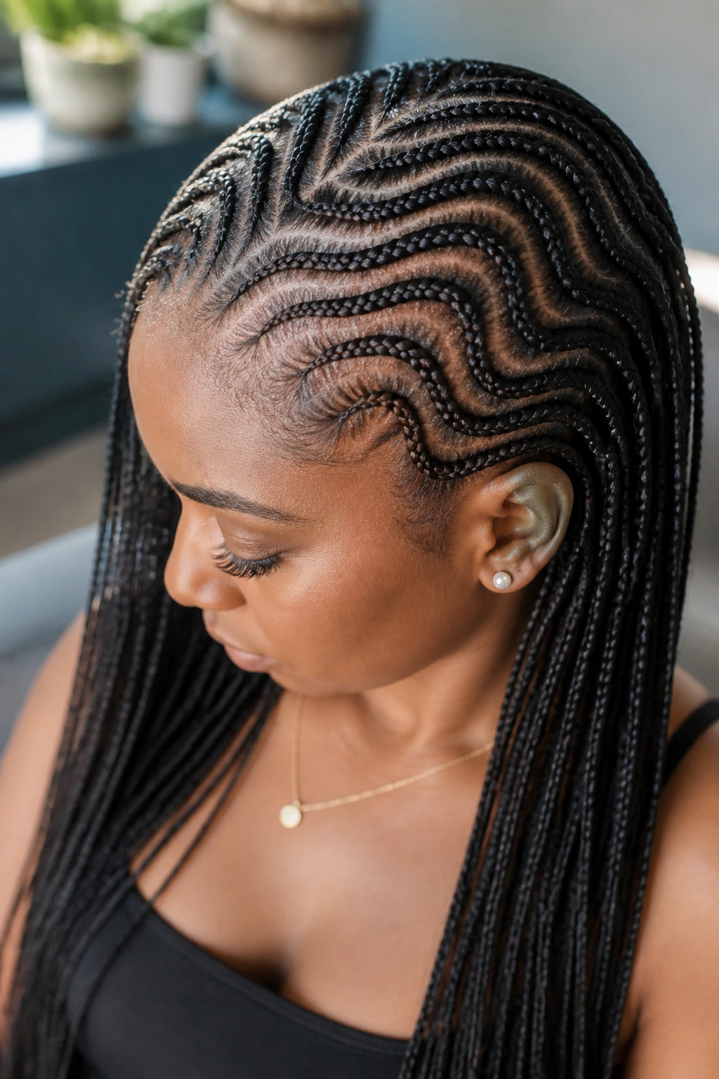 Close-up of a real woman with a snake-pattern micro cornrow across the scalp.
