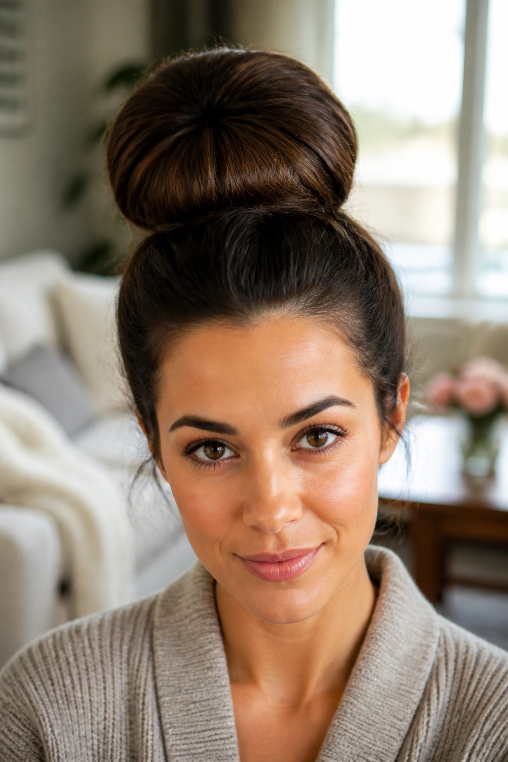 Close-up of a real woman with a large round sock bun