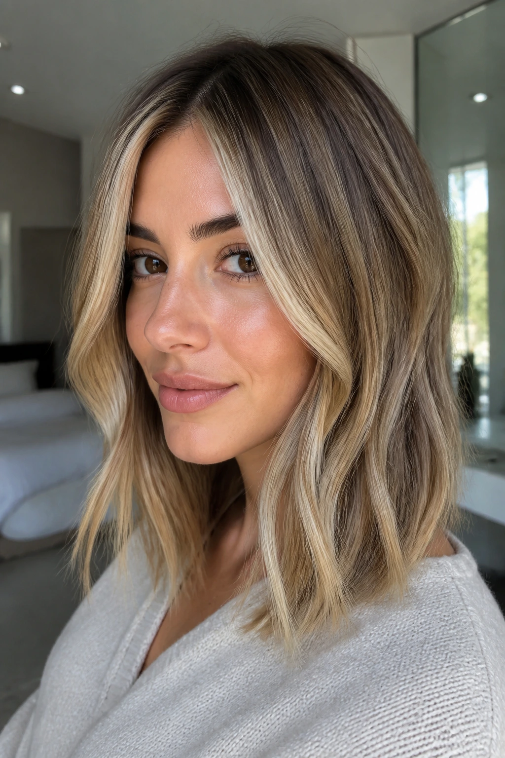 Portrait of a real woman with soft blonde face-framing balayage for a lob