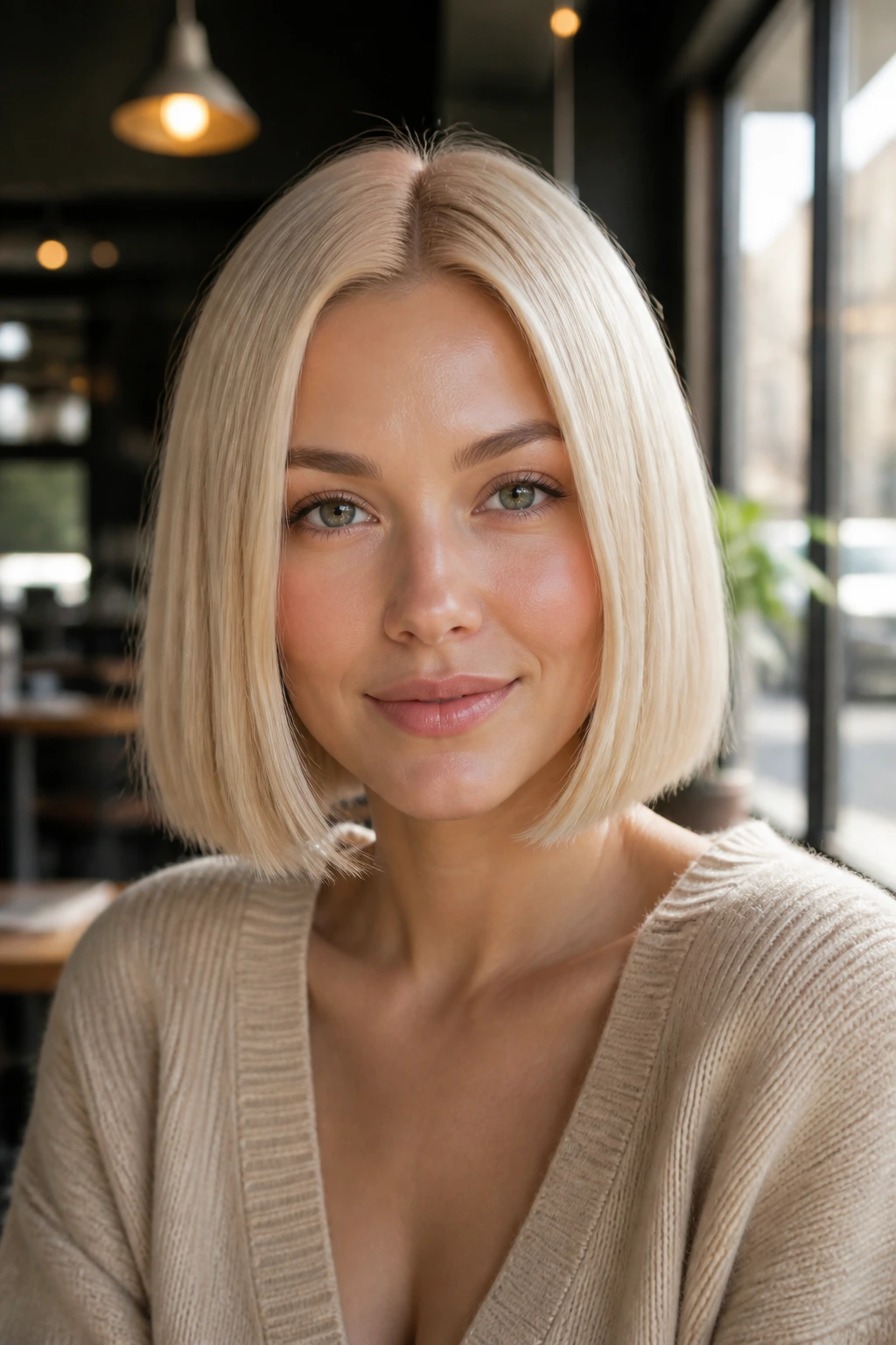Close-up portrait of a person with soft cream beige hair in a blunt bob.