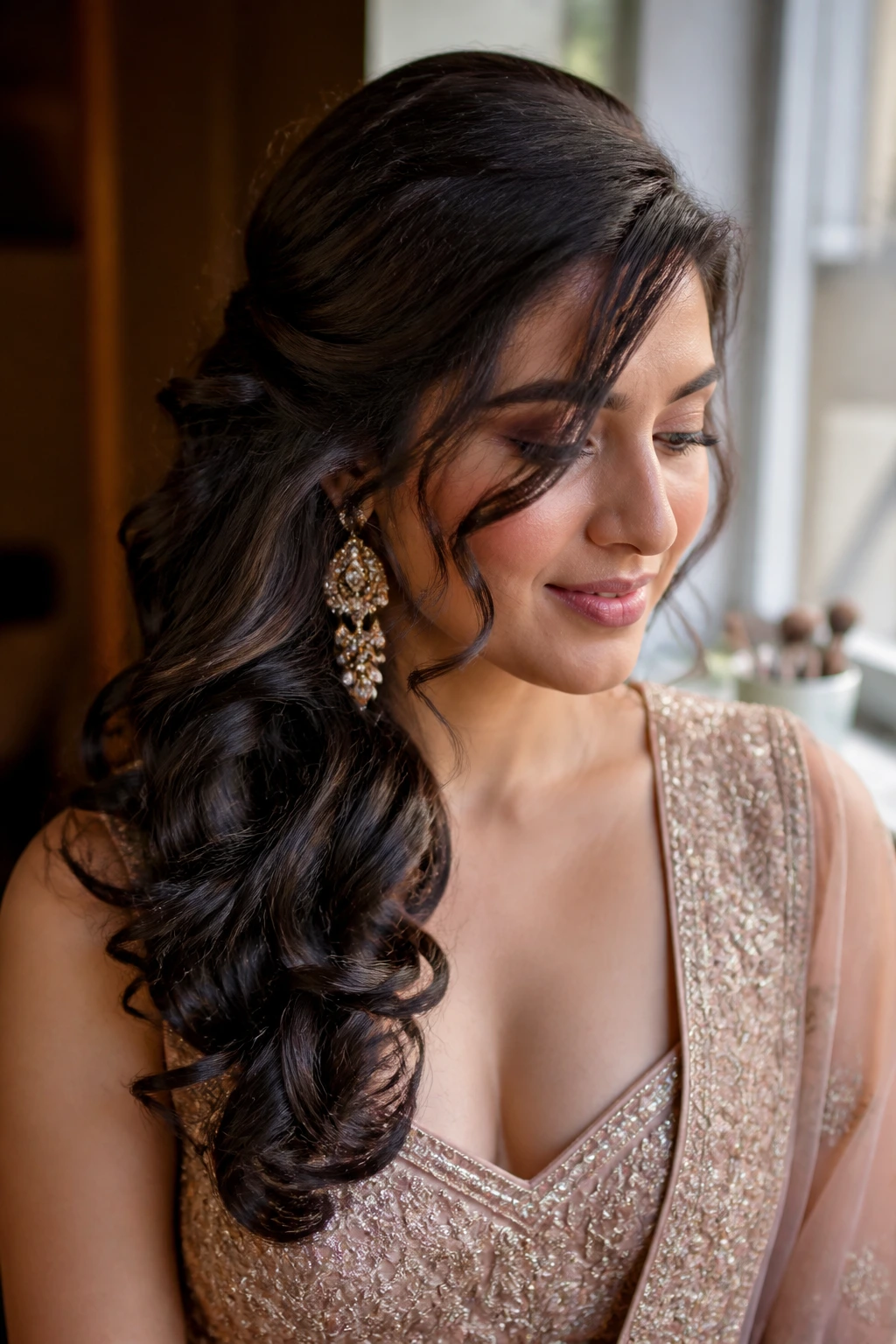 Close-up of soft curls with a side-swept reveal on a real bride showing lehenga neckline