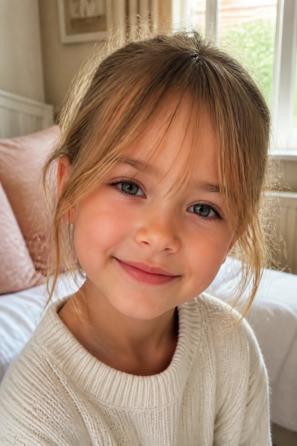 Child with wispy face-framing bangs