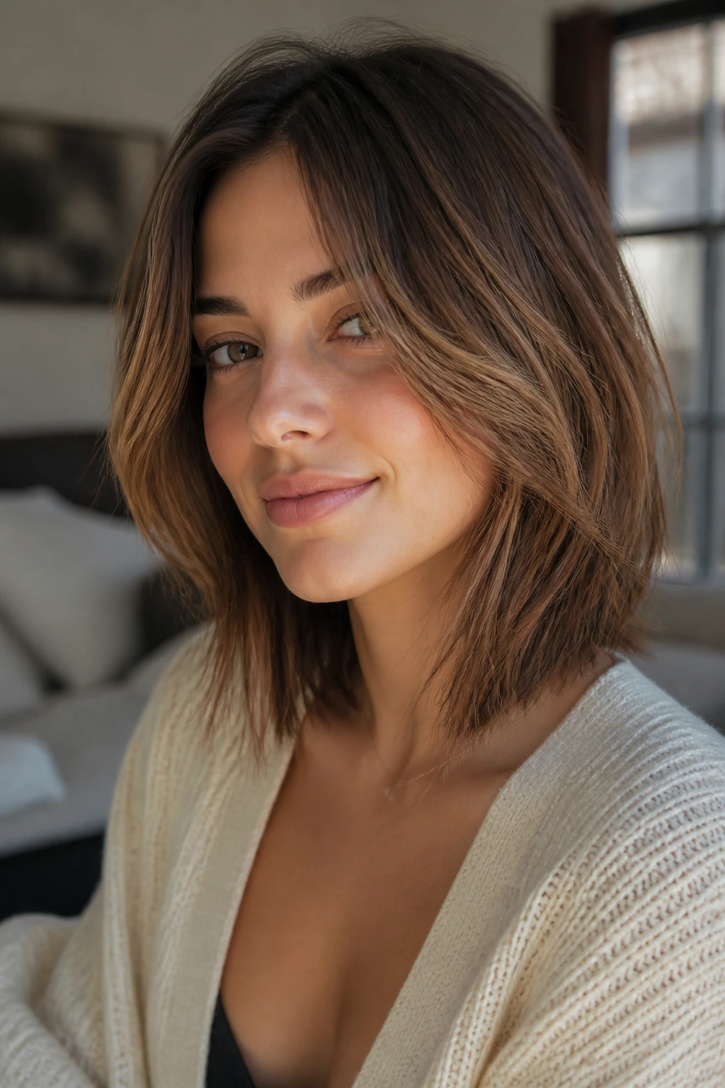 Close-up of a real woman with soft face-framing lob framing the jawline