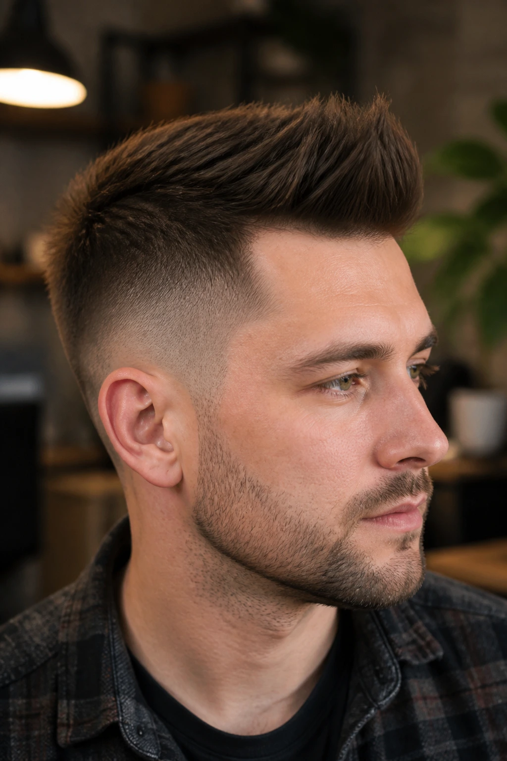 Close-up portrait of a man with a soft-fade fohawk in a warm, cozy workspace.