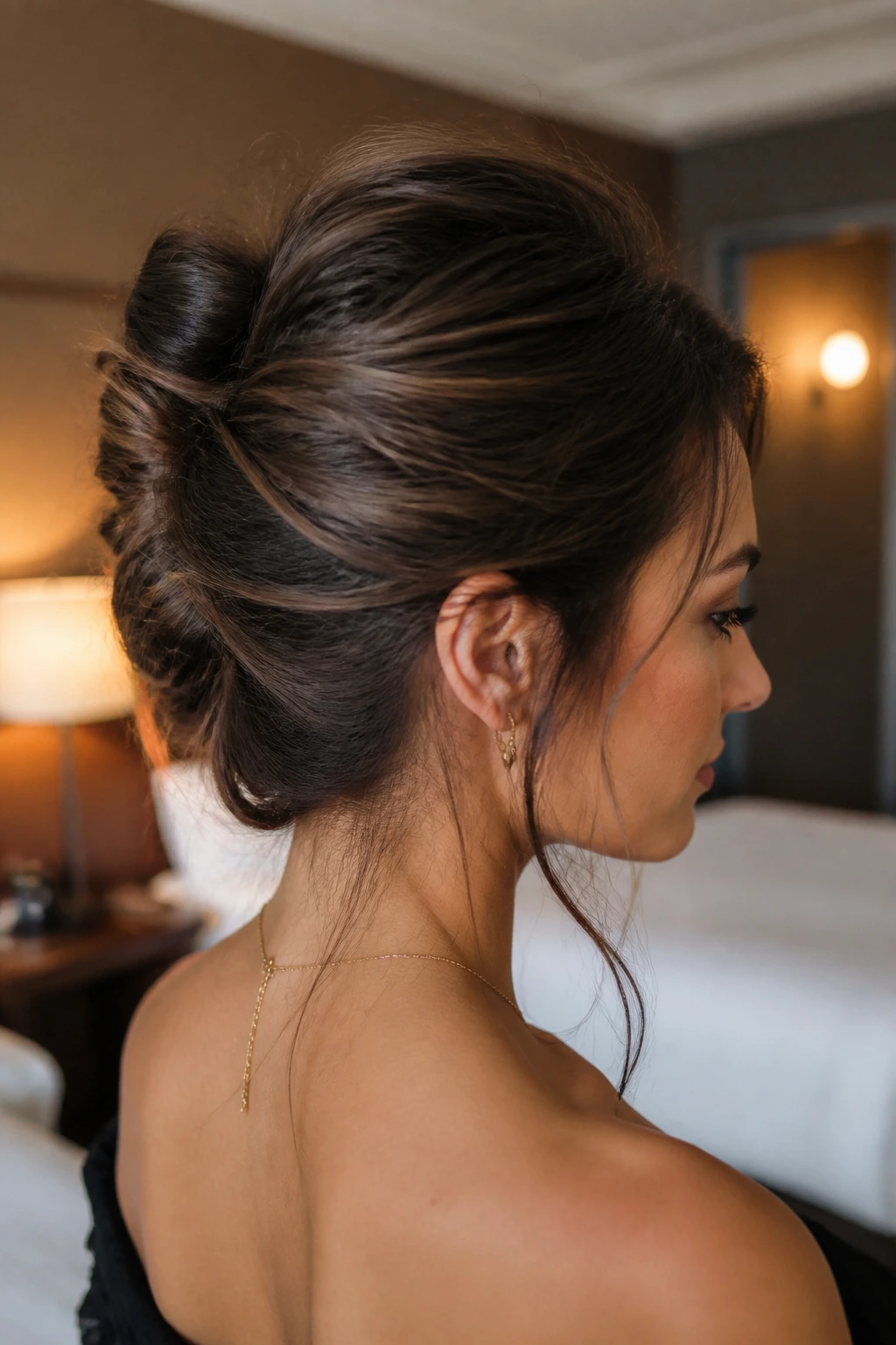 Portrait of a woman with a softly textured French twist and subtle volume at the crown.