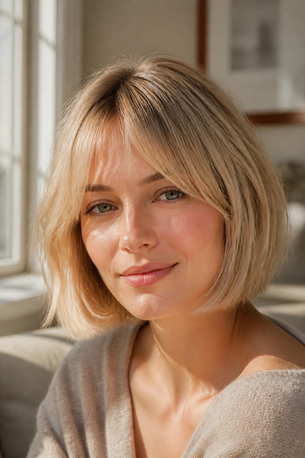 Close-up portrait of a woman with soft gold blonde hair and wispy curtain bangs