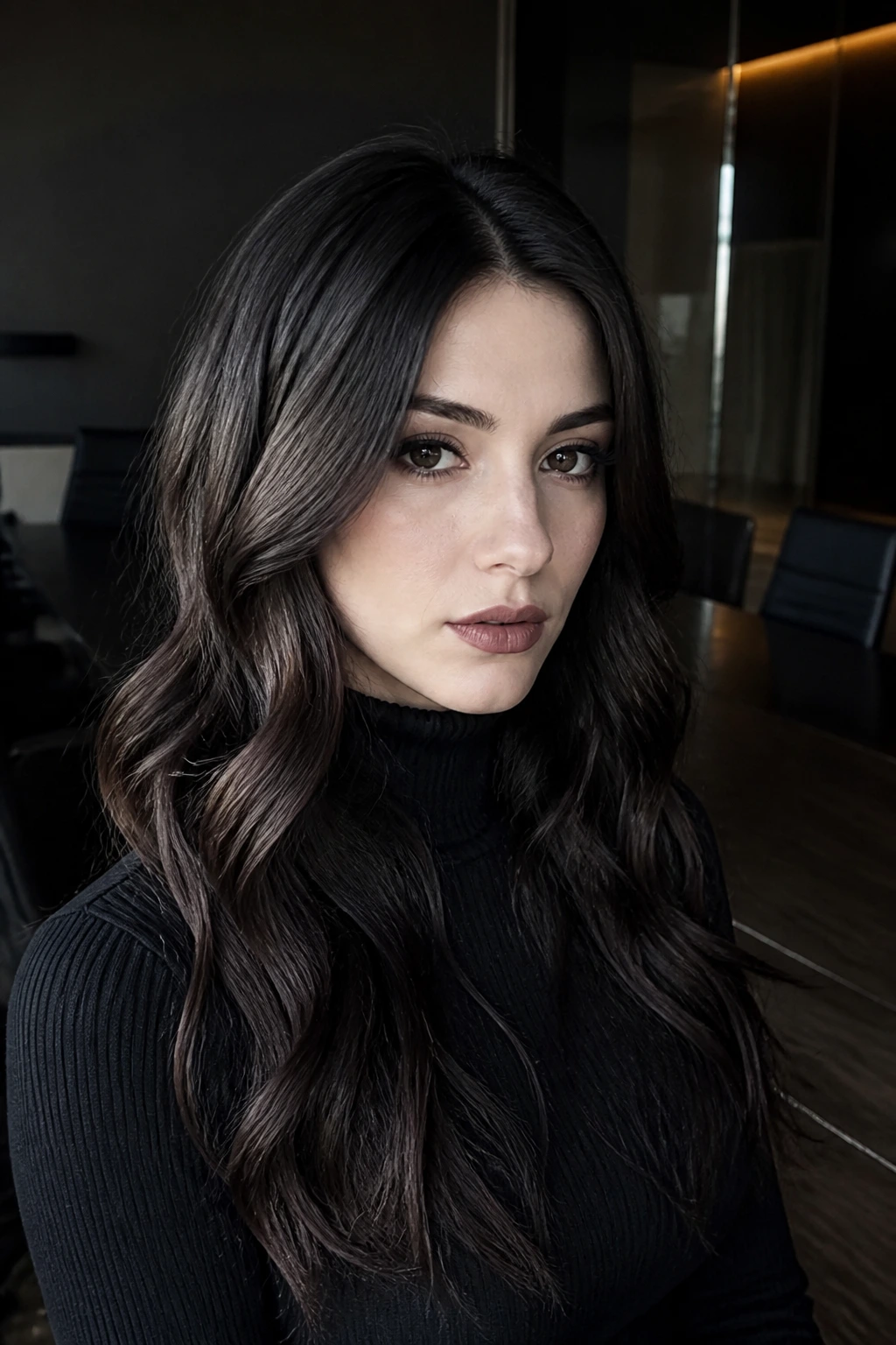 Close-up portrait of a real woman with soft gothic waves in an office setting.