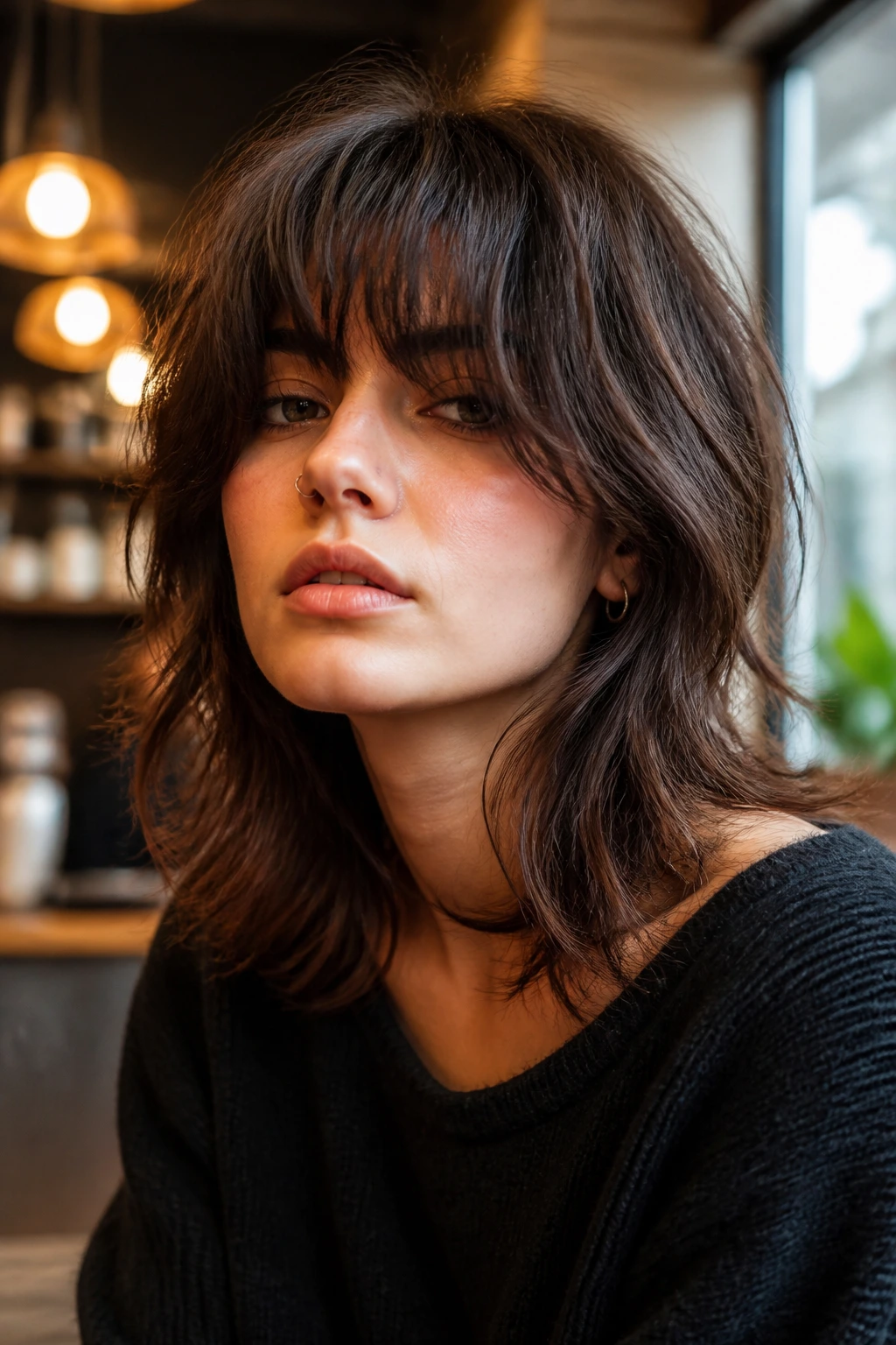 Close-up portrait of a real person with a soft grunge shag featuring cheekbone layers and a heavy fringe.