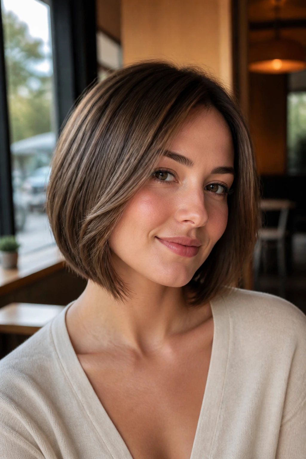 Close-up portrait of a woman with soft layered A-line bob in warm cafe lighting