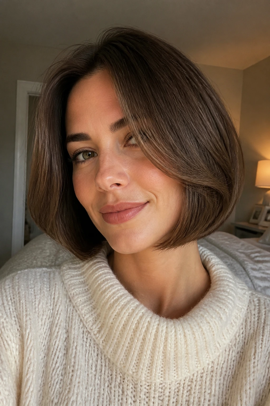 Close-up of a real person with a soft-layered chin-length bob framing the face