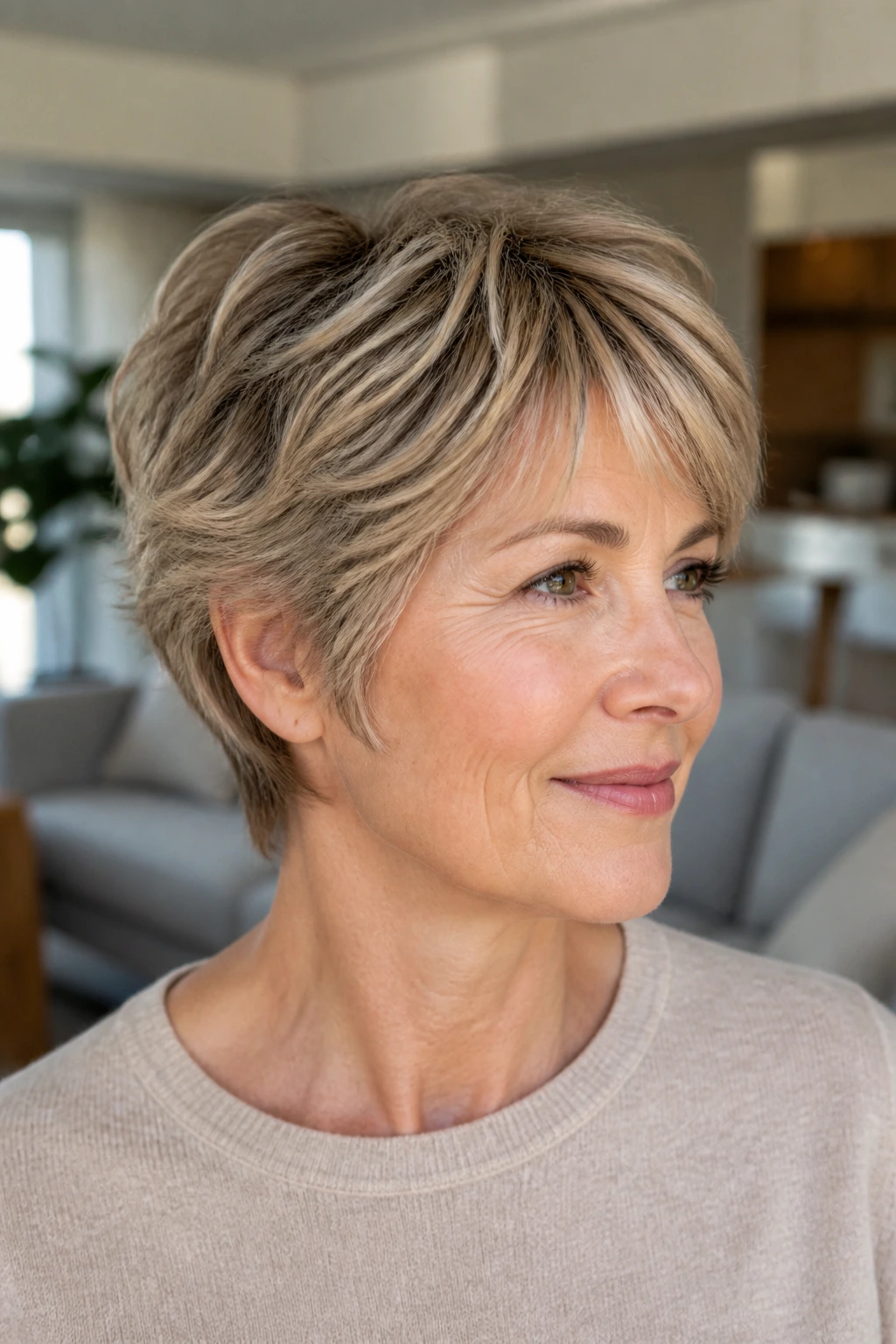 Close-up of a real person wearing a soft layered crop hairstyle in natural daylight