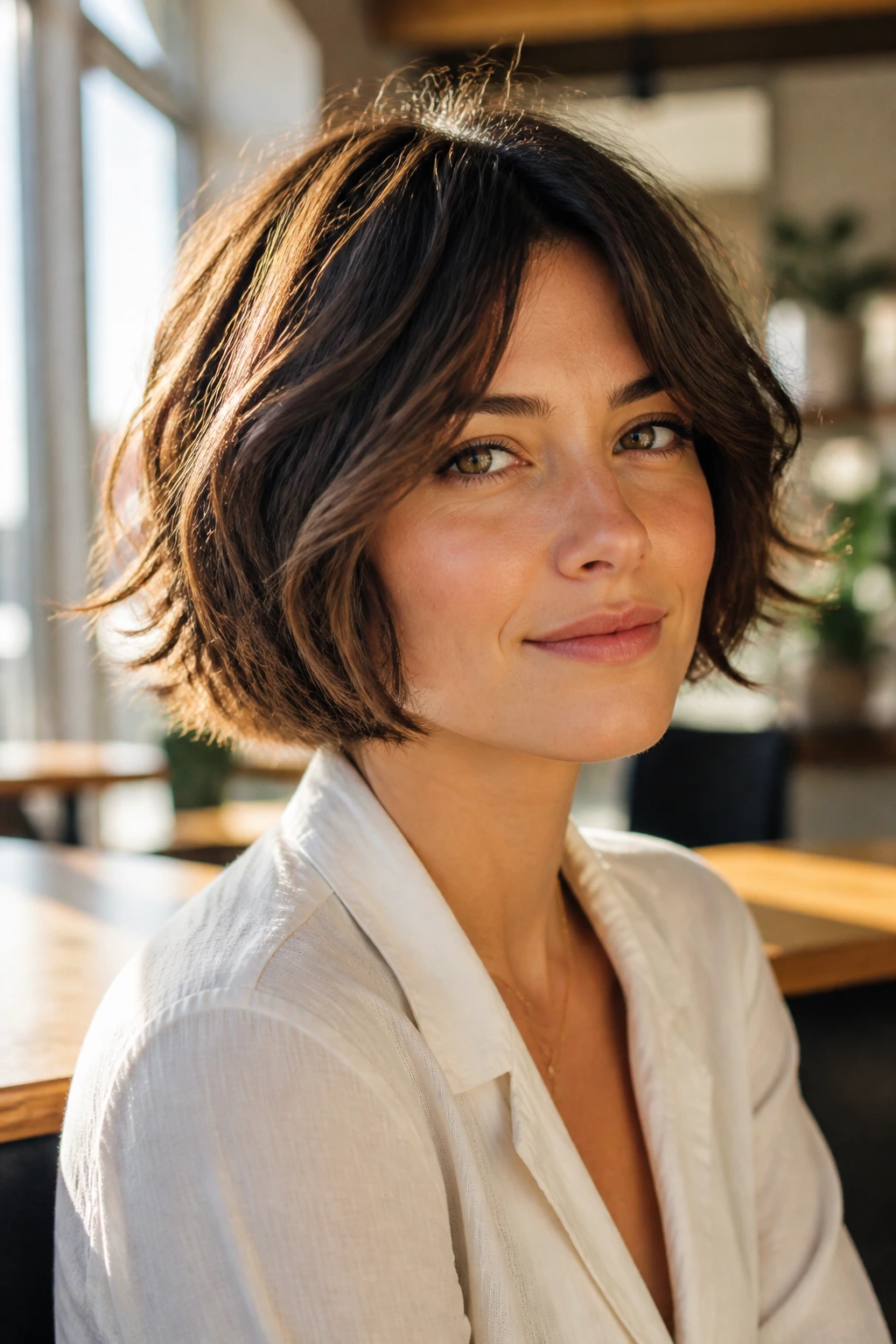 Close-up of soft-layered French bob on a real woman in sunny setting