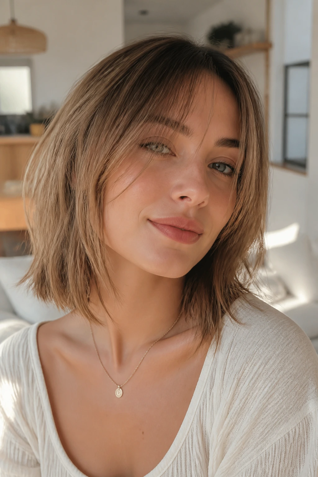 Real woman with soft-layered lob and wispy fringe in sunlit room.