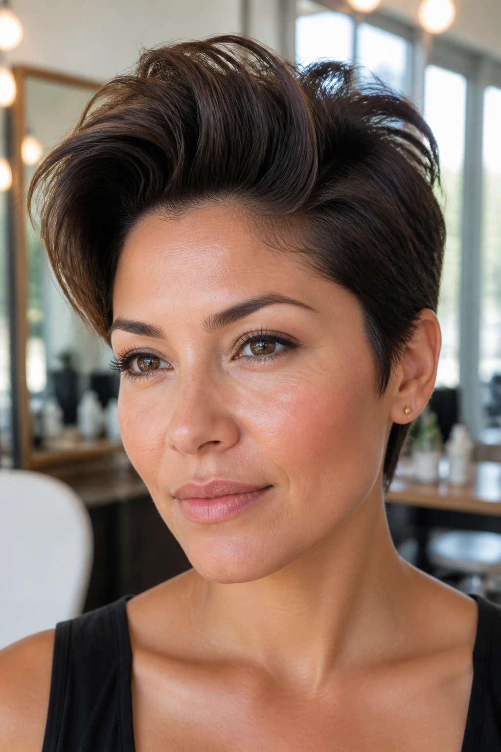 Close-up portrait of a real person with soft layered quiff in a bright salon
