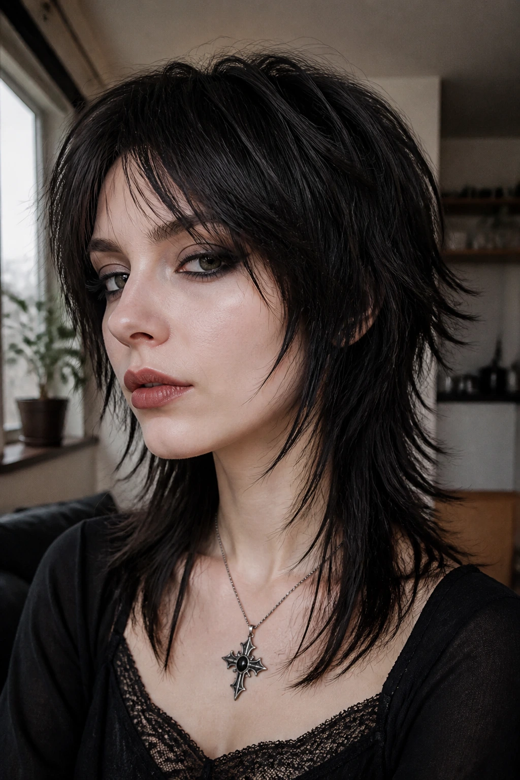 Close-up of a real woman with a textured layered shag and matte pomade shine.