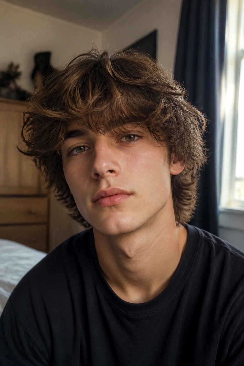 Close-up portrait of teen with soft layered shag hairstyle in cozy room light