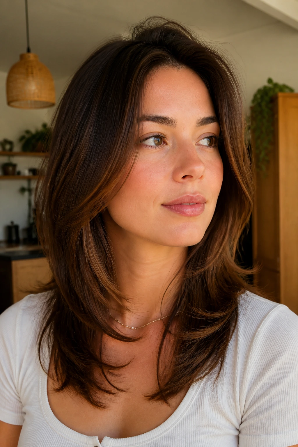 Close-up of a real woman with soft layers starting below the jaw