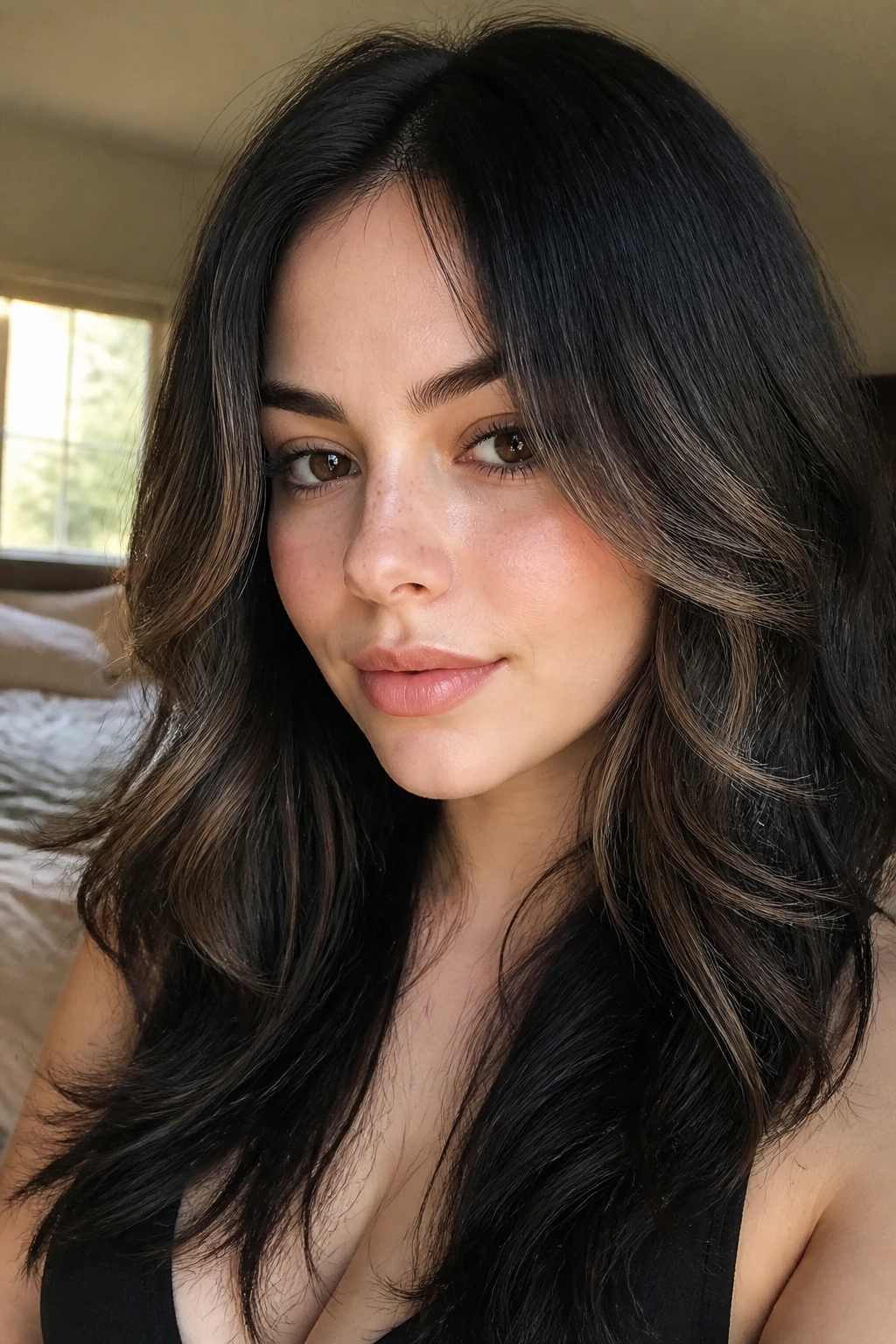 Real woman with soft face-framing layers highlighting the cheeks.