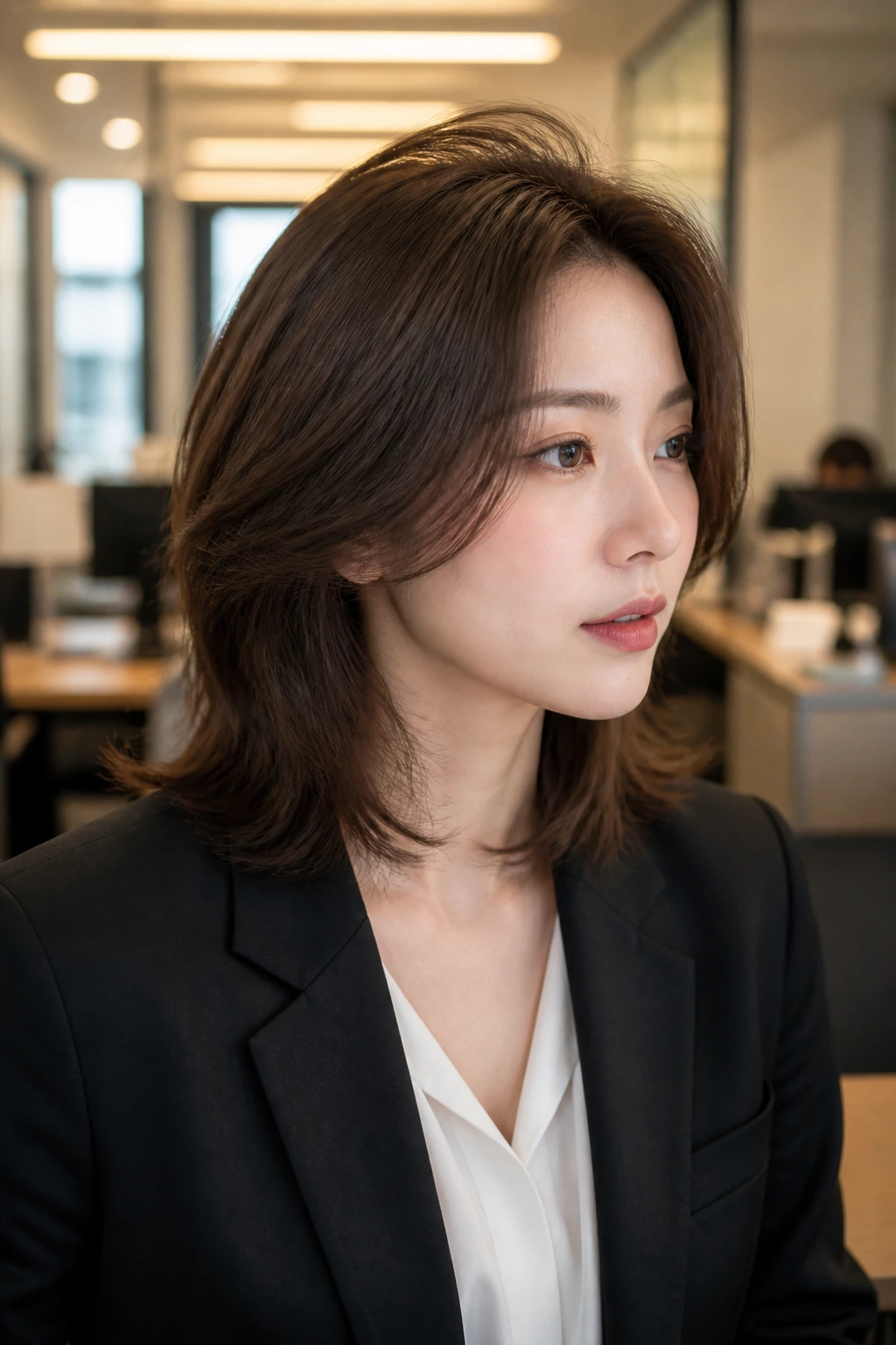 Portrait of real person with soft layered hair and root volume in an office