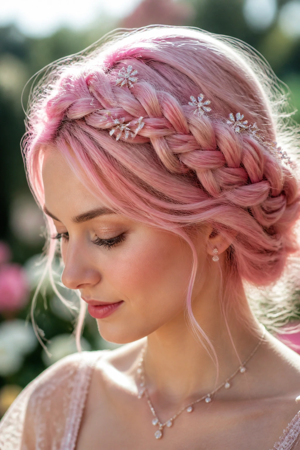 Close-up of a real woman wearing a soft pink braided crown with crystal pins.