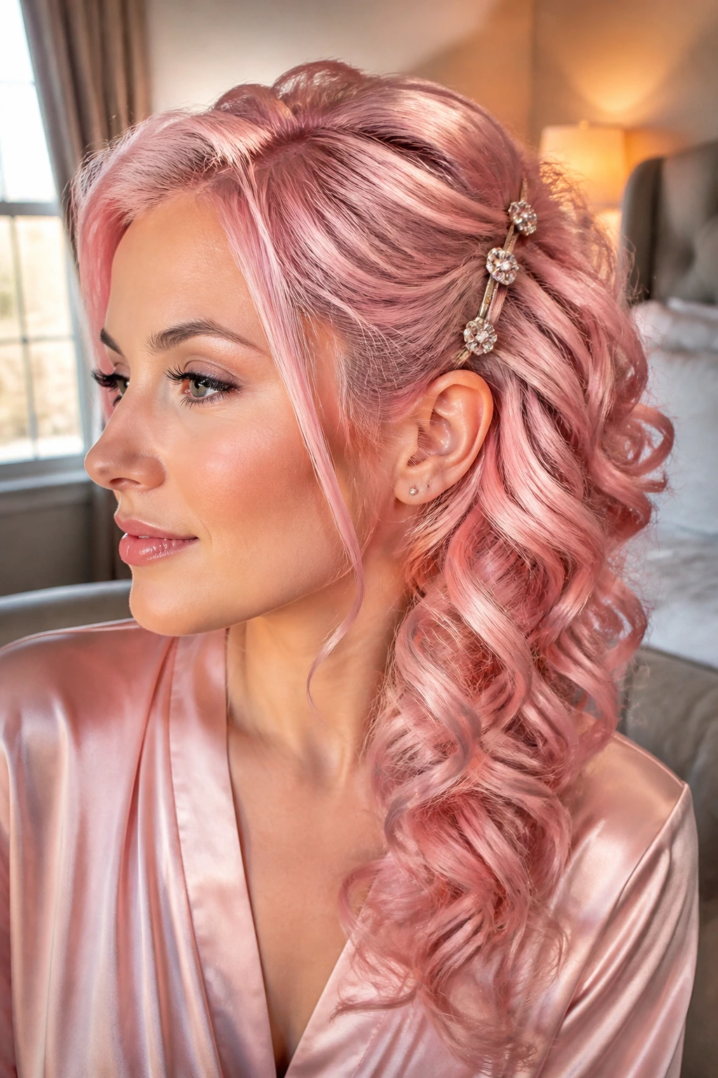Soft pink side-swept curls with jeweled pins on real person