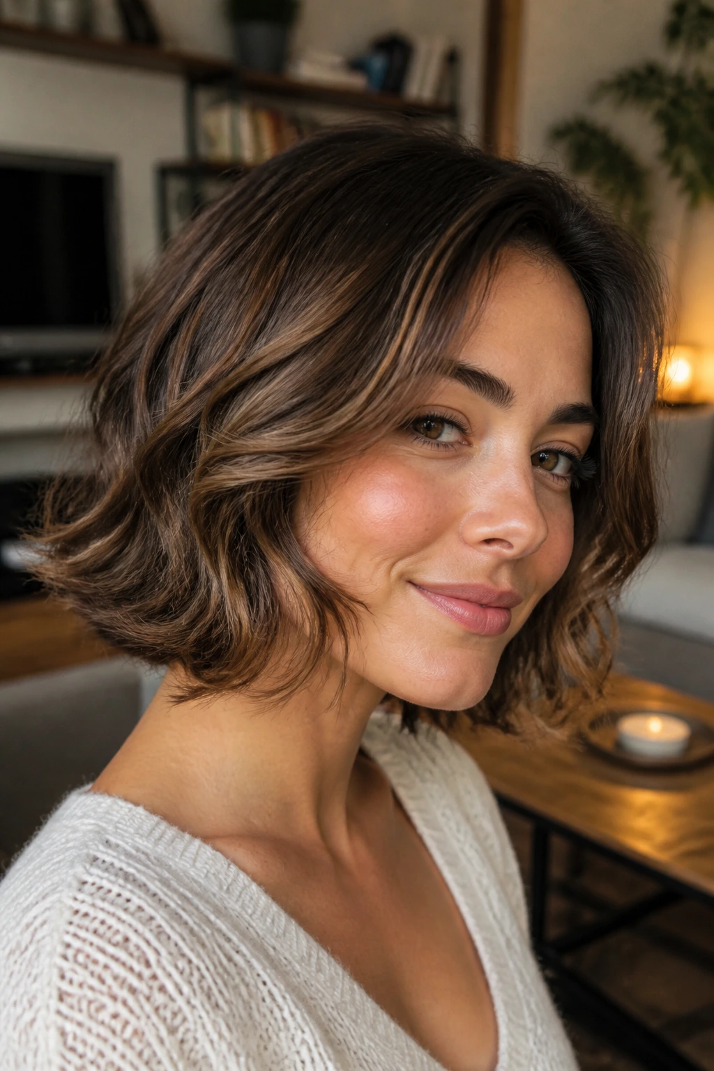 Close-up of a real person with soft, rounded face-framing layers