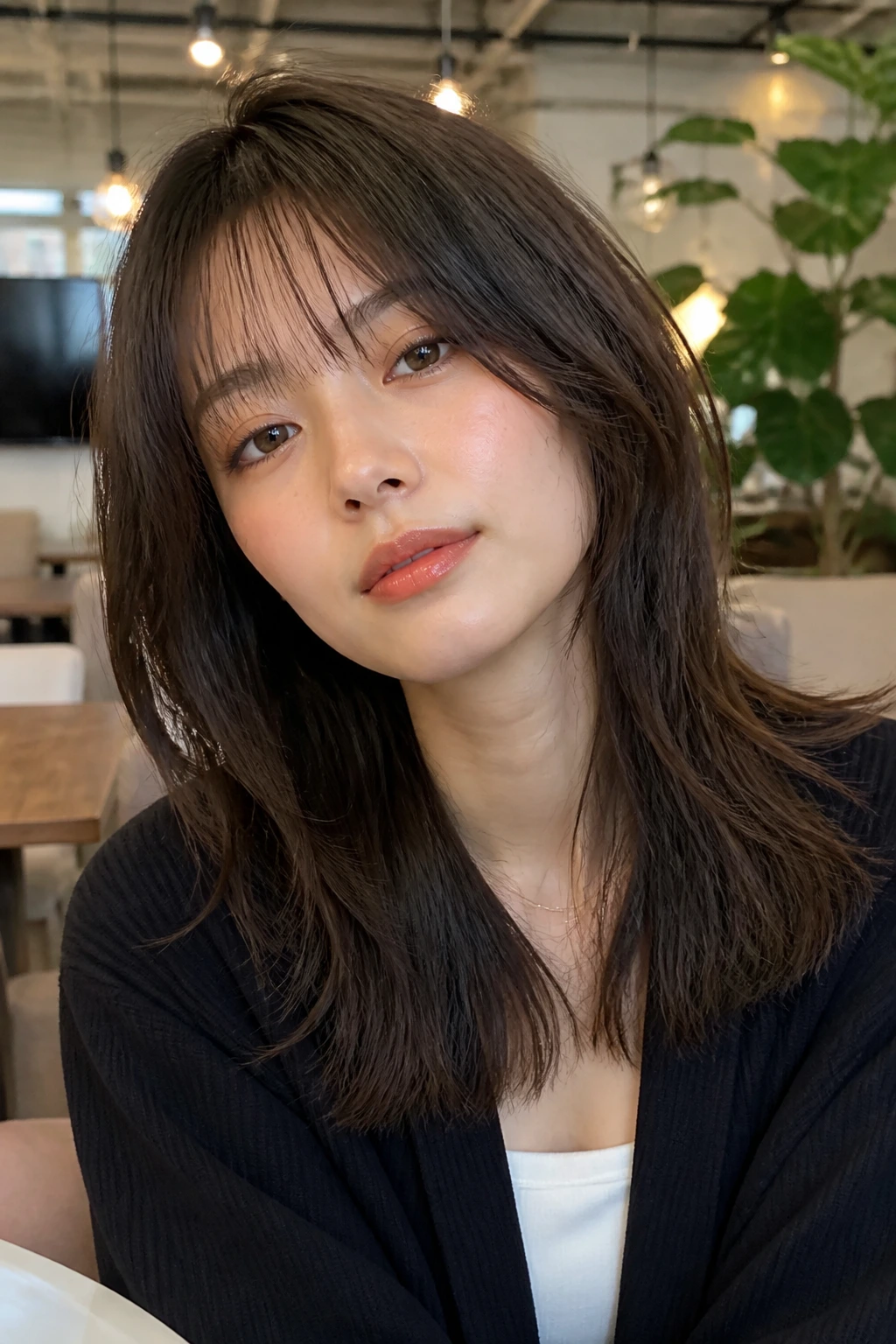 Close-up of a woman with a soft shag and blunt ends in a modern office lounge