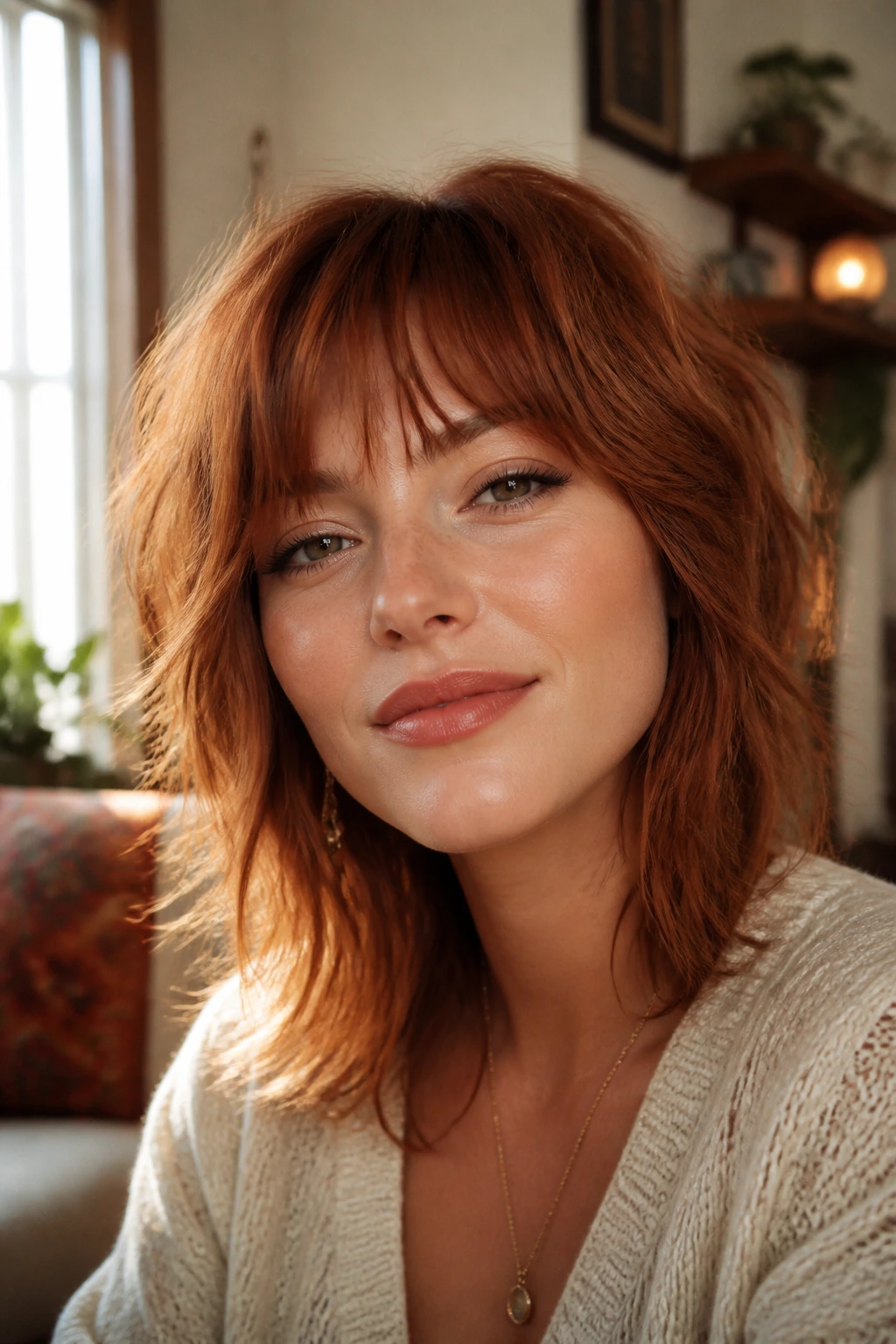 Close-up portrait of a real woman with a soft shag and penny copper tones