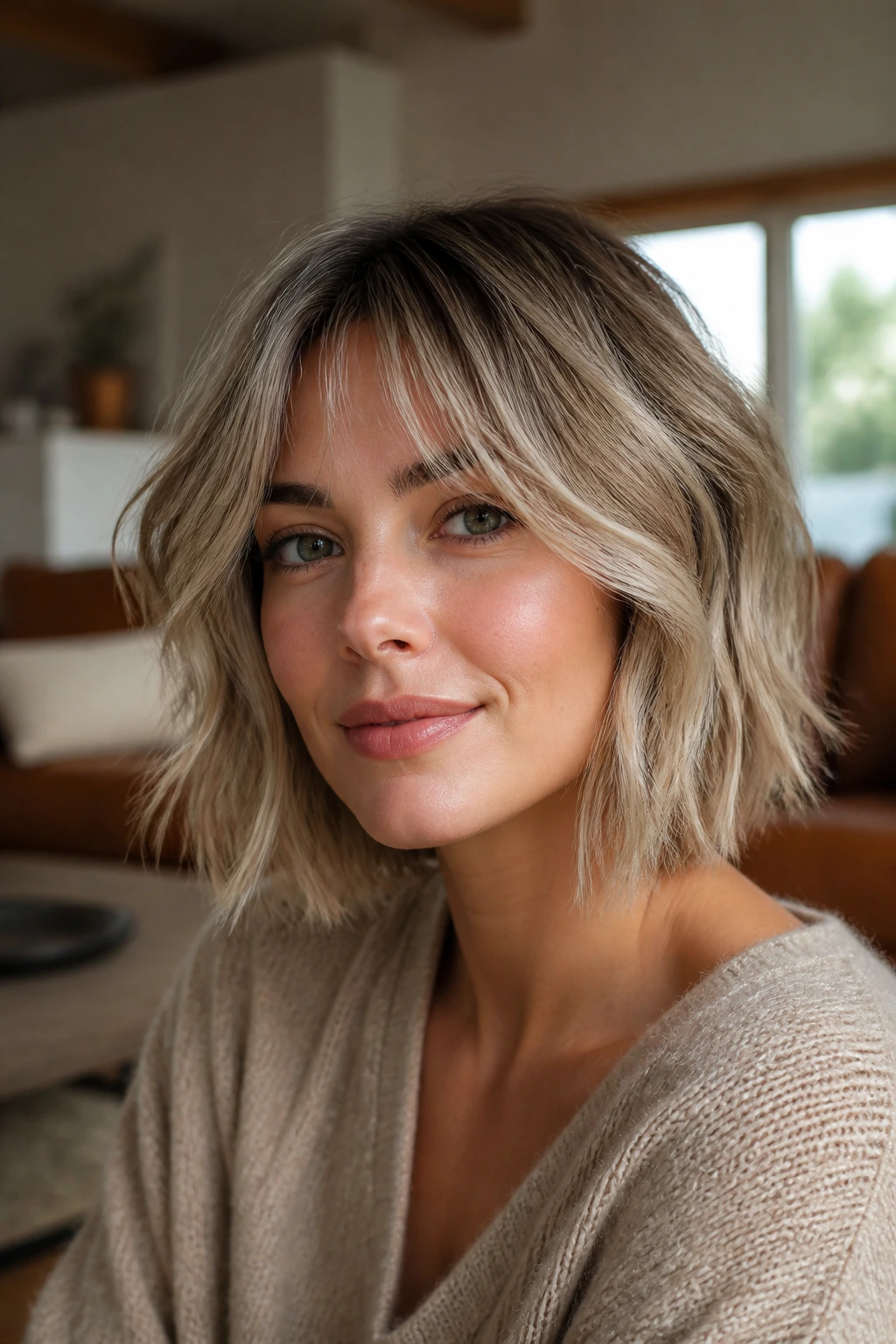 Close-up portrait of a real woman with a soft shaggy lob and wispy chin-length layers in warm window light
