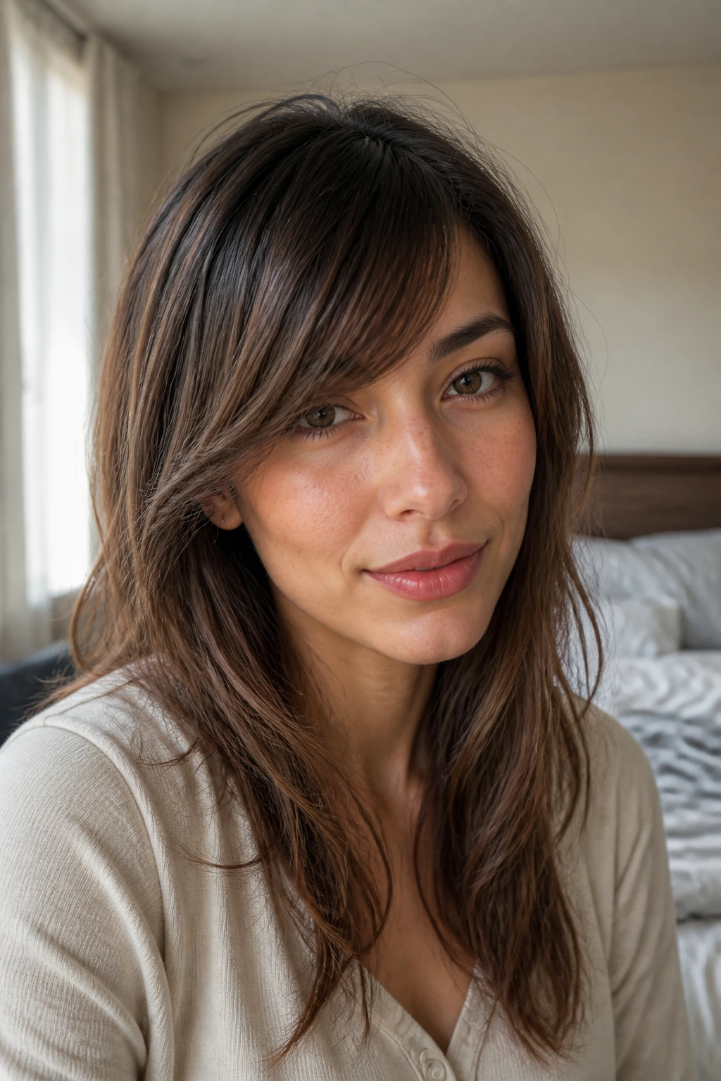 Portrait of a woman with soft side-swept bangs in a bedroom window glow.