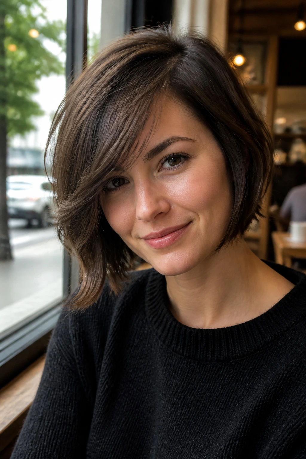 Close-up portrait of a woman with a soft side-swept bob in cafe-window light
