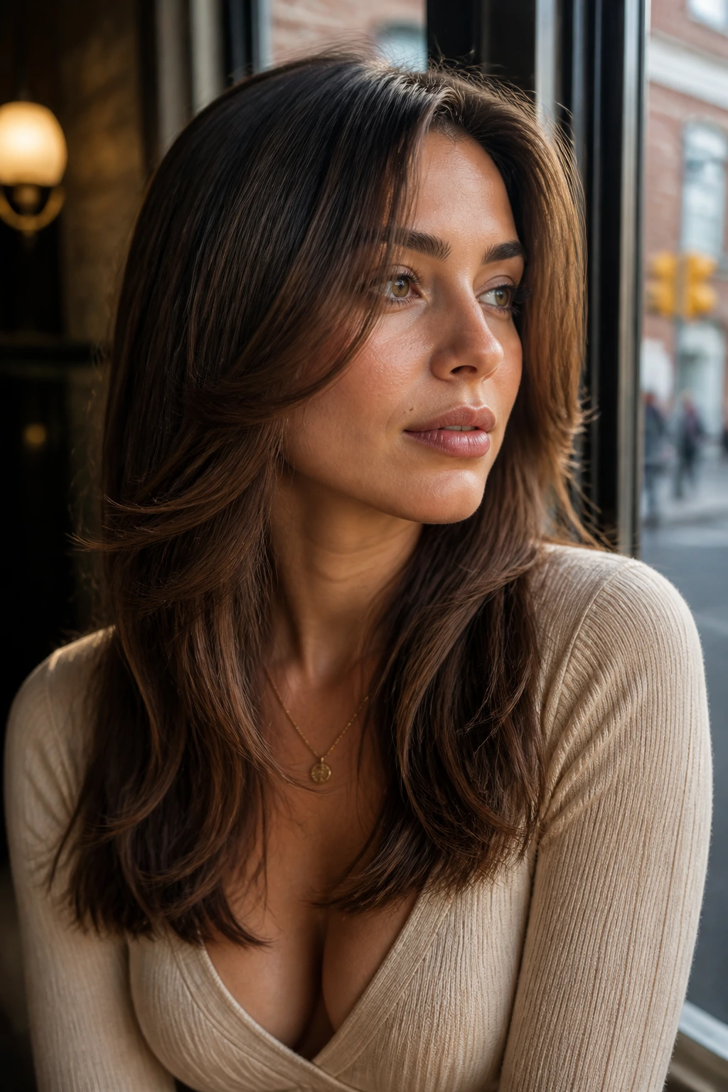 Close-up of a real woman's Soft-Tapered V with Face-Framing Layers hairstyle at the jawline.