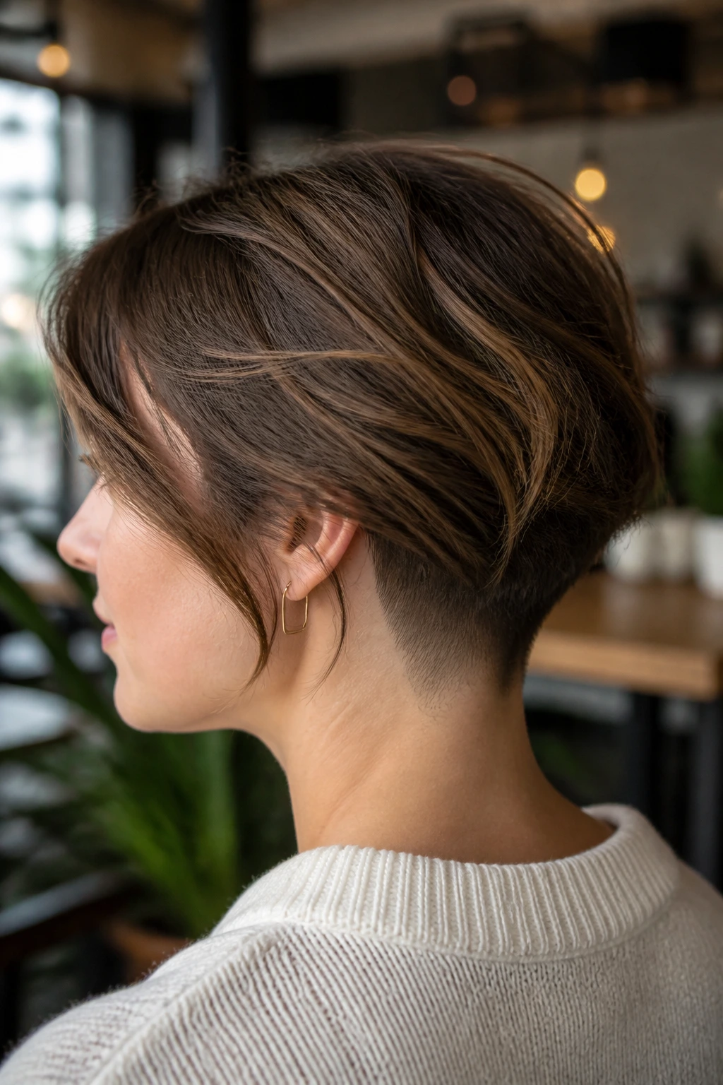 Close-up portrait of a woman with a soft undercut at the nape, longer hair on top, in a warm cafe setting.